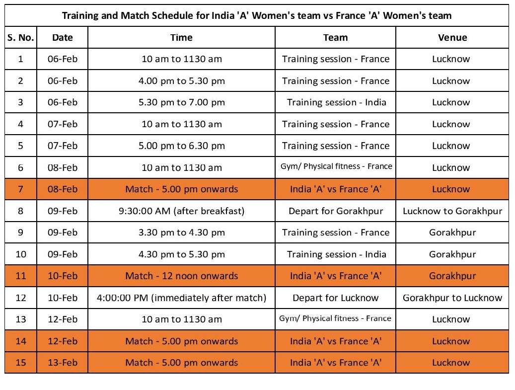 Training and Match Schedule for India A Women s team vs France A Women s team page 001